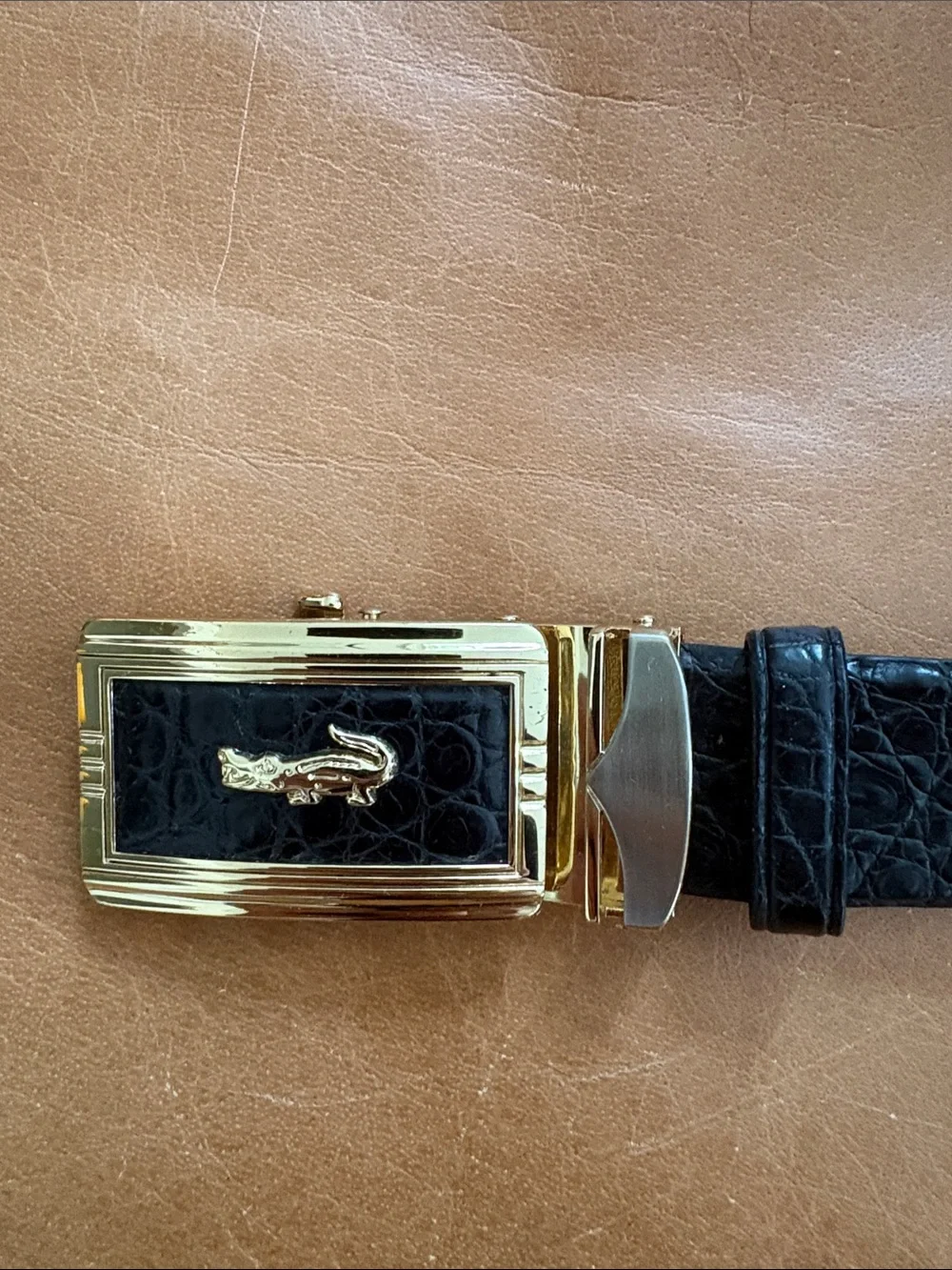 Leather Men’s Belt with Gold Crocodile Buckle - Black